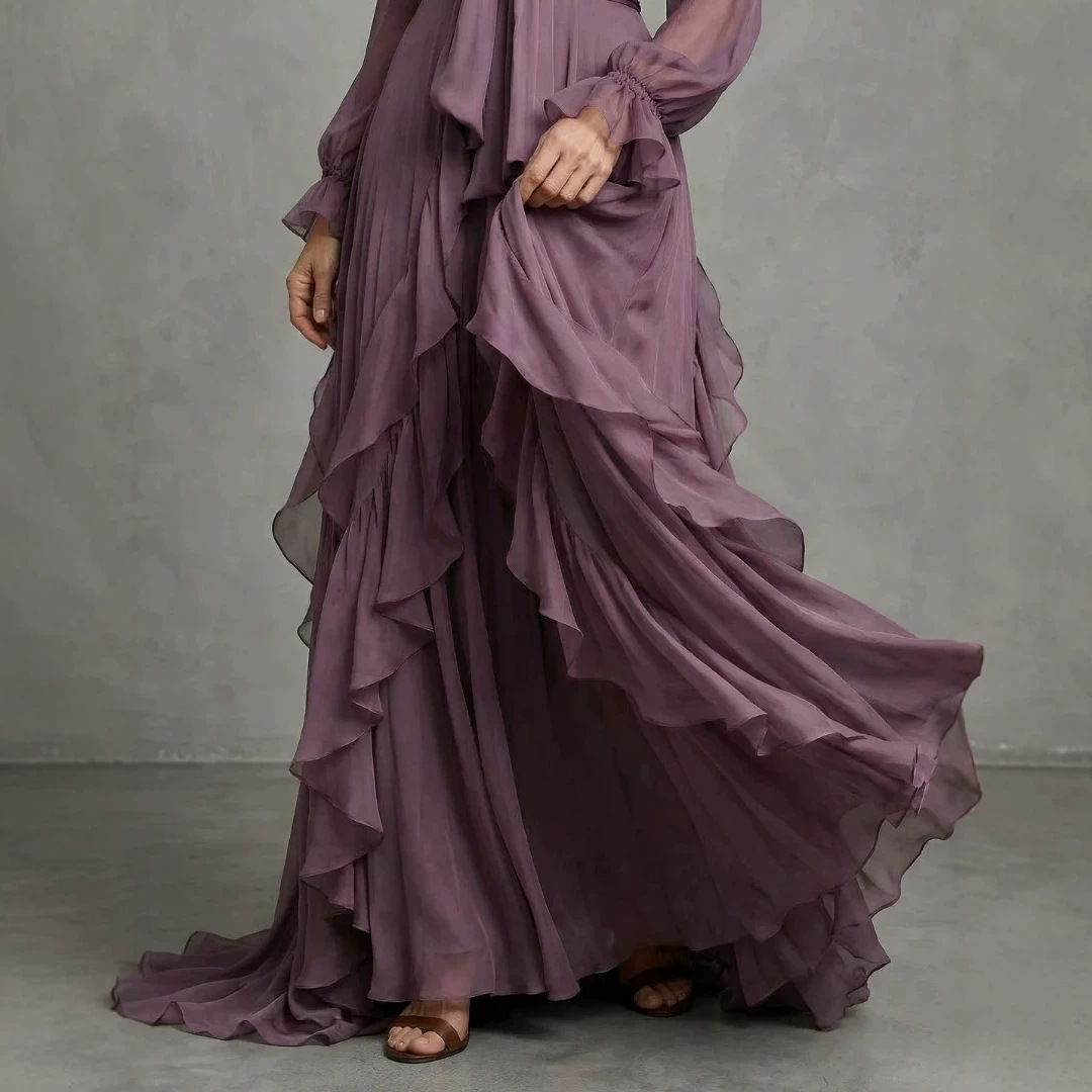 Robe longue chic 2026 violette à volants, manches longues, coupe ajustée, robe de soirée tendance Y2K, grande jupe évasée, robe de fête maxi, Vestidos