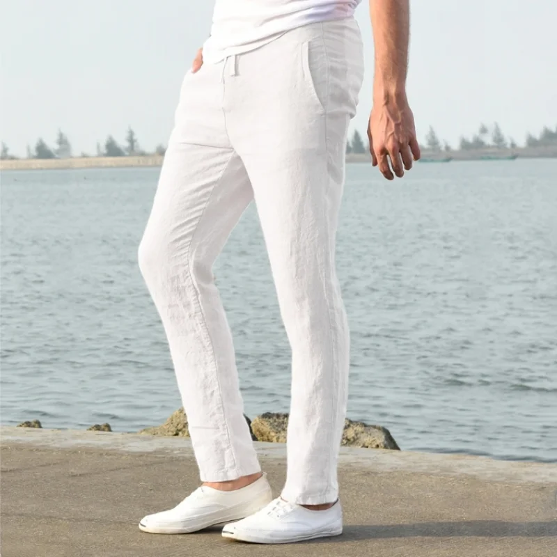 Pantalon de plage en coton et lin pour hommes, respirant, couleur unie, pour vacances, Fitness, Streetwear, printemps, été, automne