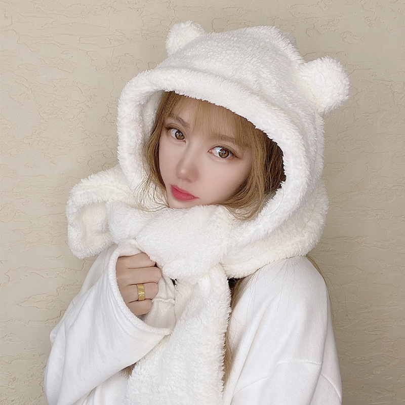 Ensemble intégré de chapeau, écharpe et gants en peluche épaisse pour femmes, automne-hiver, chaud, mignon, résistant au froid, accessoires thermiques quotidiens pour l'extérieur.