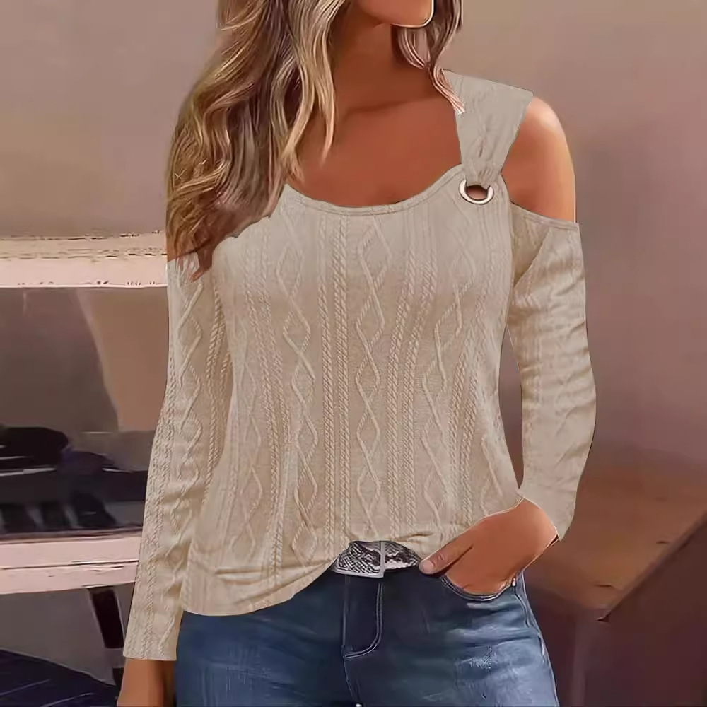 Printemps t-shirts pour femmes Sexy épaules nues à manches longues chemise femmes élégant décontracté solide pull ample noir blanc nouveau Jacquard