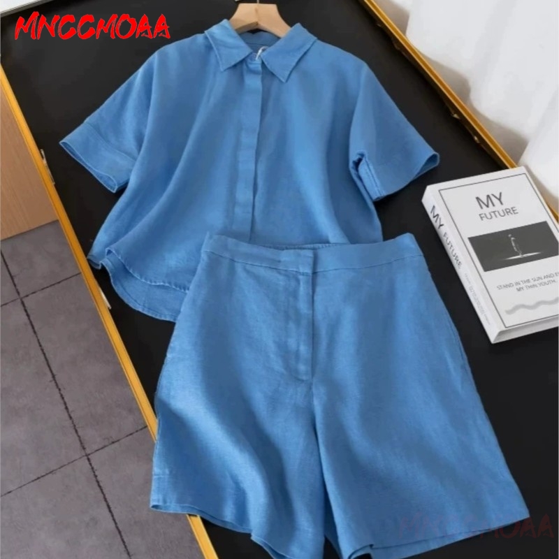 Ensemble chemise et short en lin pour femme, manches courtes, été, uni, décontracté, deux pièces