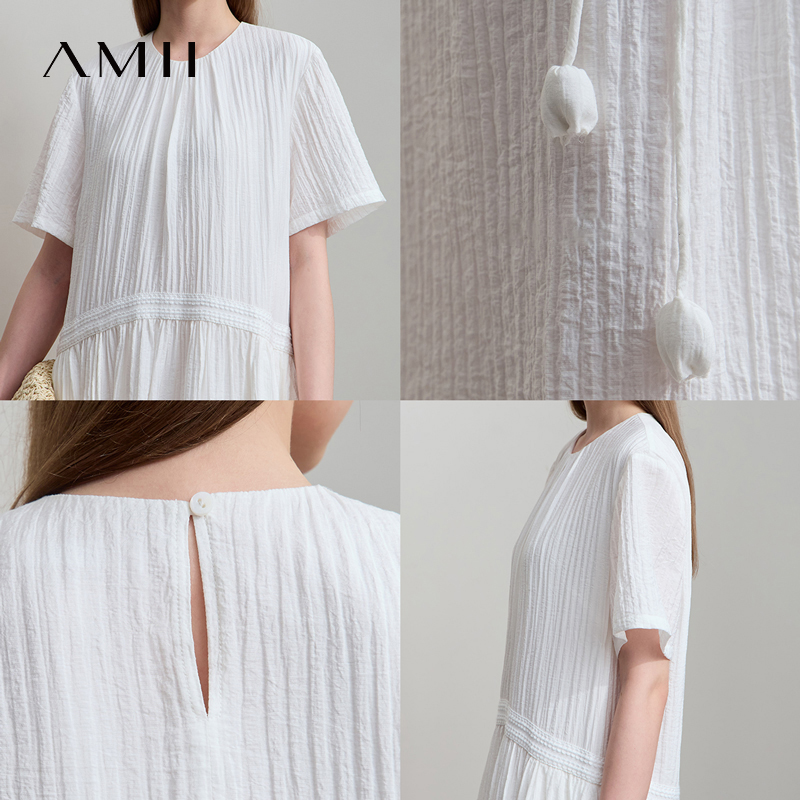 AMII Nouvelle Robe Minimaliste Femme Été Col Rond Manches Courtes Fleurie Ruban Épissé Longue Robe Tendance Vêtements 12542085