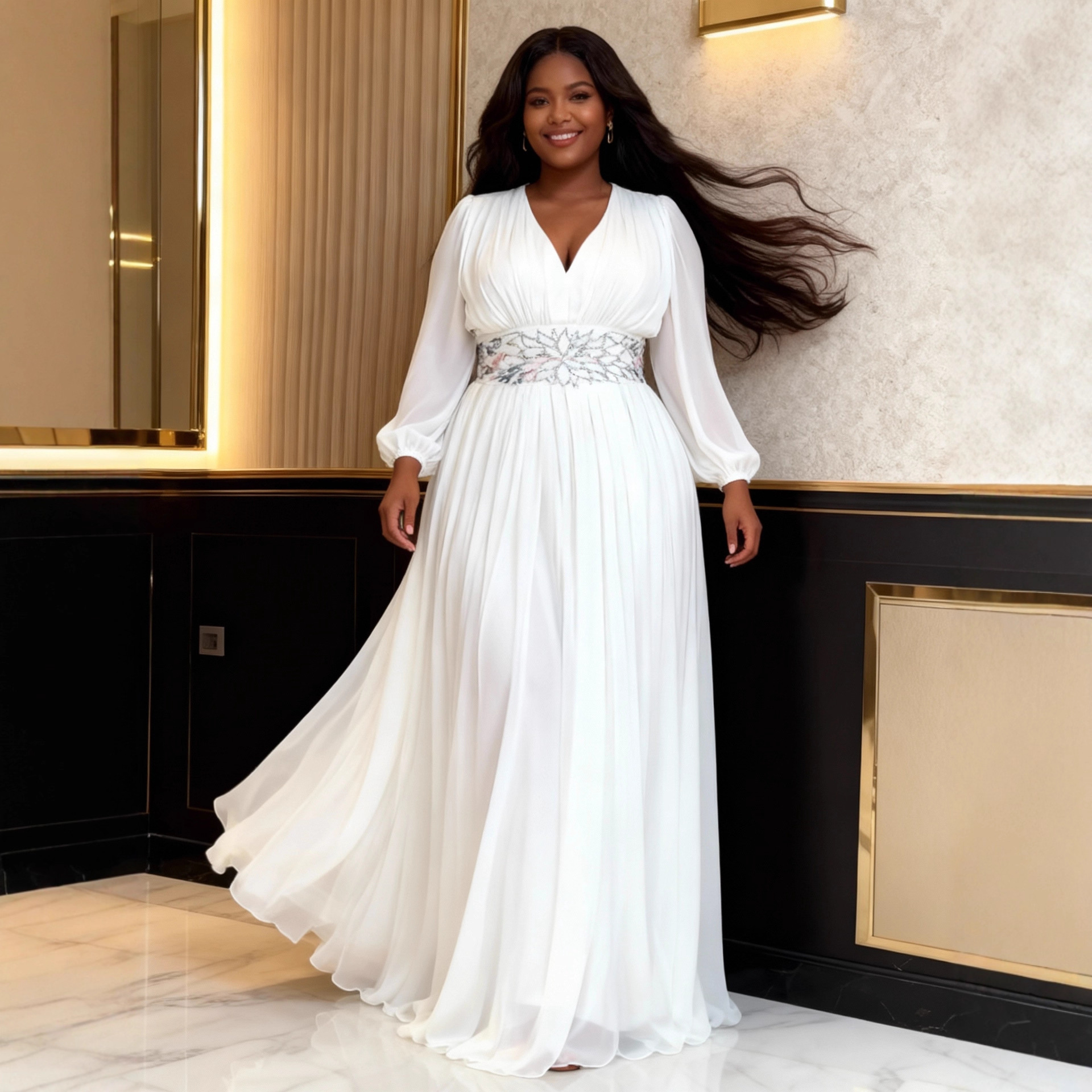 Robe longue blanche en mousseline de soie pour femmes, col en V, manches bouffantes, avec une ligne A, taille plissée, ornée d'un ceinture, tenue de soirée, d'église, de mariage, pour invité