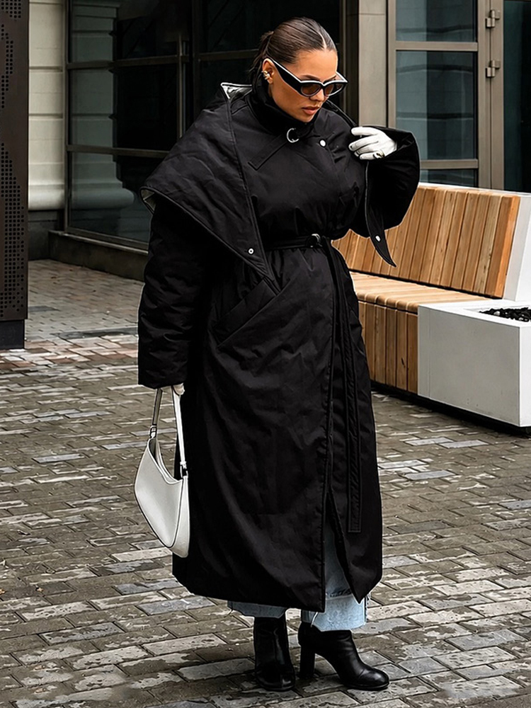 Manteau long matelassé en coton pour femme, à col montant, avec ceinture et lacets, fermeture éclair, manches longues, veste chaude d'hiver 2026