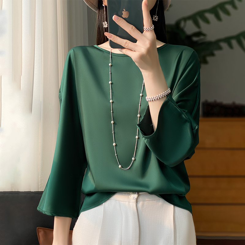 T-shirt à manches trois-quarts pour femmes, chemisier en satin monochrome décontracté, col rond, t-shirts en satin, vêtements pour femmes, été, nouveau
