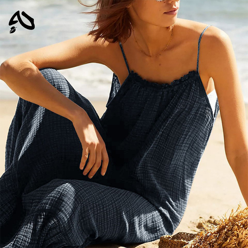 Robe de plage élégante en mousseline, style décontracté, 100% coton, robes maxi rétro, coupe trapèze, sans manches, robe d'été, pour les vacances et les voyages