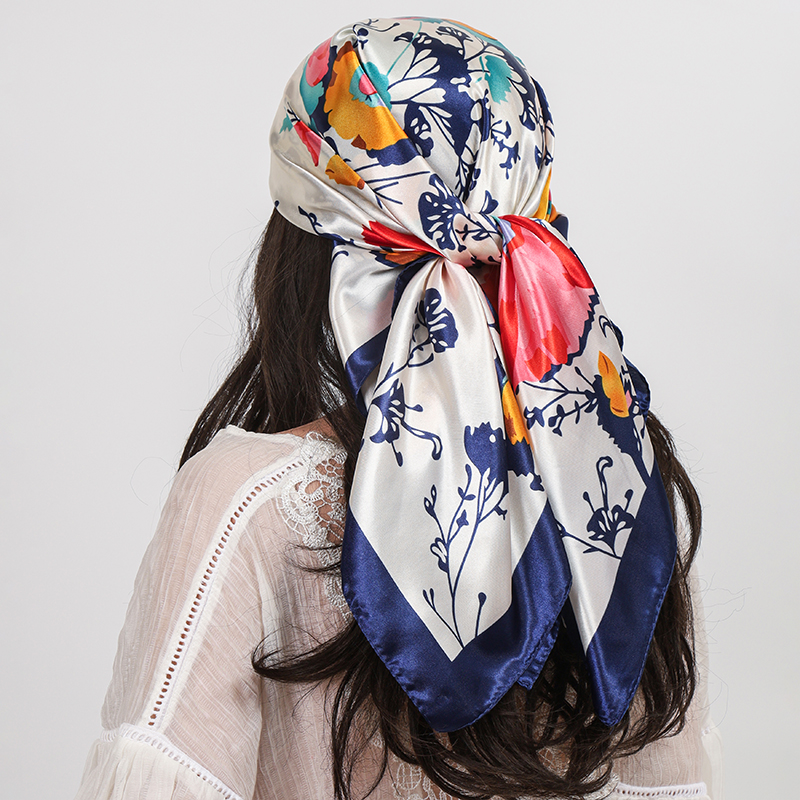 Foulard carré en Satin de soie pour femmes, imprimé floral, châle, mode, bandeau pour dames, bandes de cheveux, enveloppes, Hijab, Bandana, 90cm