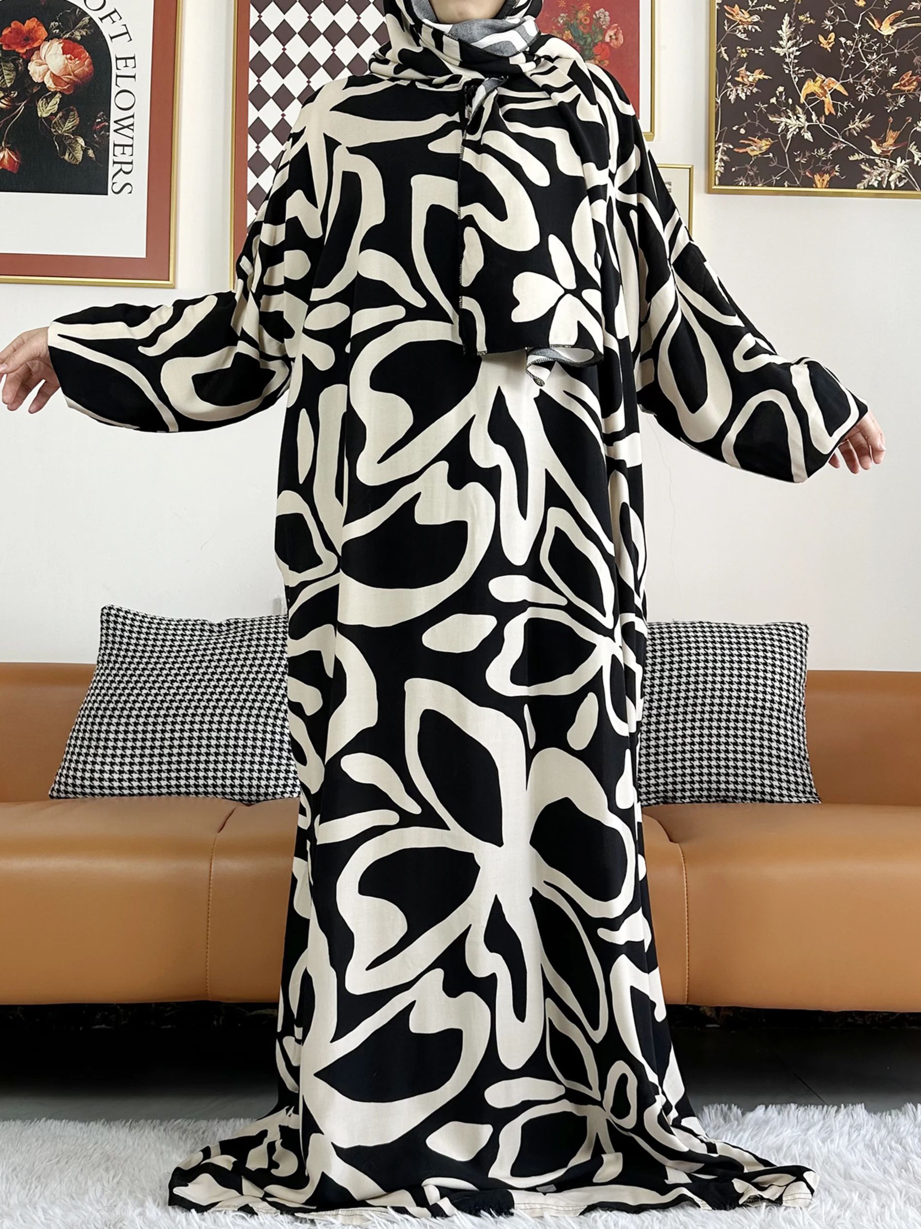 2025 coton musulman dame Abayas Ramadan vêtement de prière dubaï turquie moyen-orient Femme Robe ample Robe africaine Turban Joint
