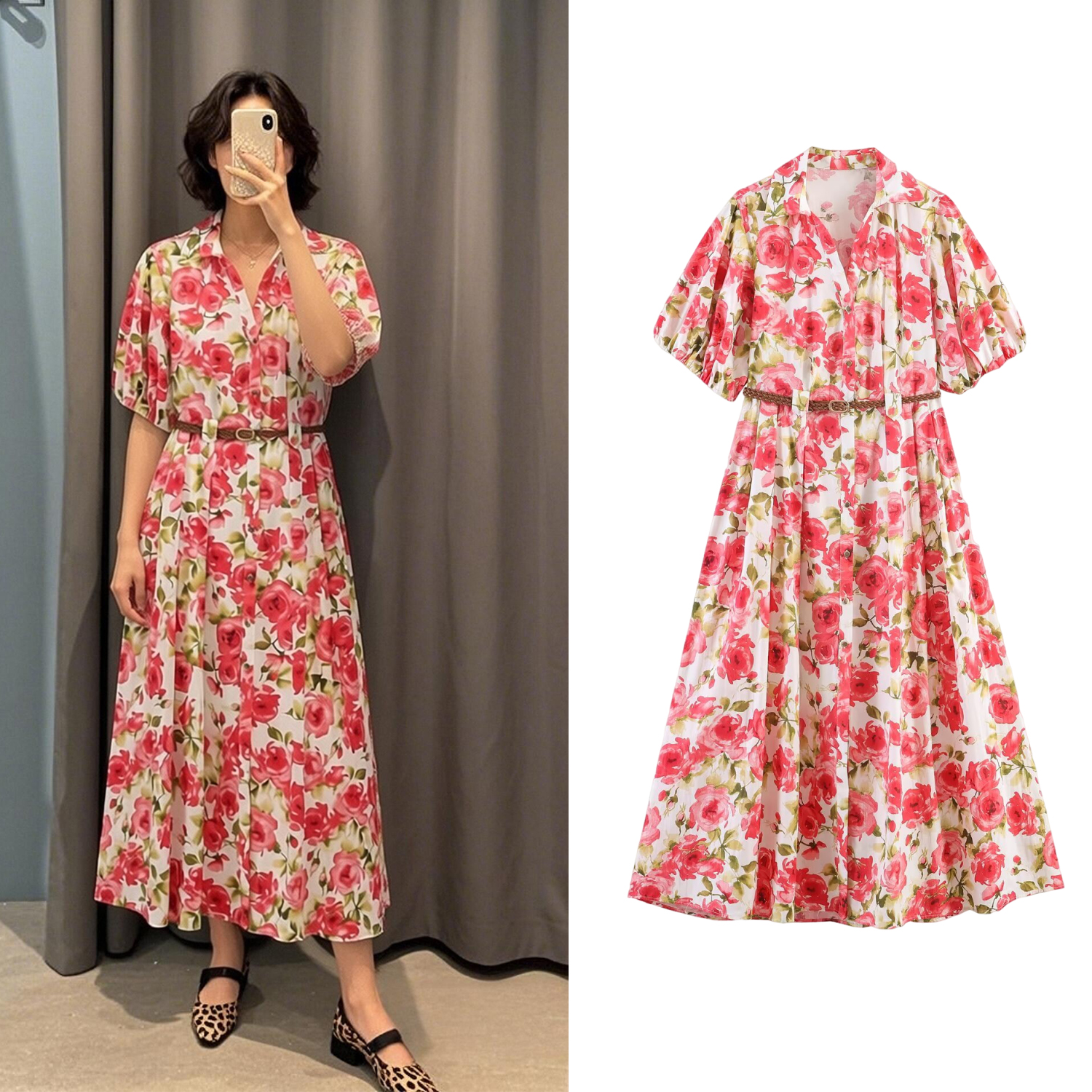 Robes pour femmes, mode féminine d'été, robe à imprimé floral, robe slim avec ceinture, robe chic pour femme, taille haute, col en V, manches courtes bouffantes