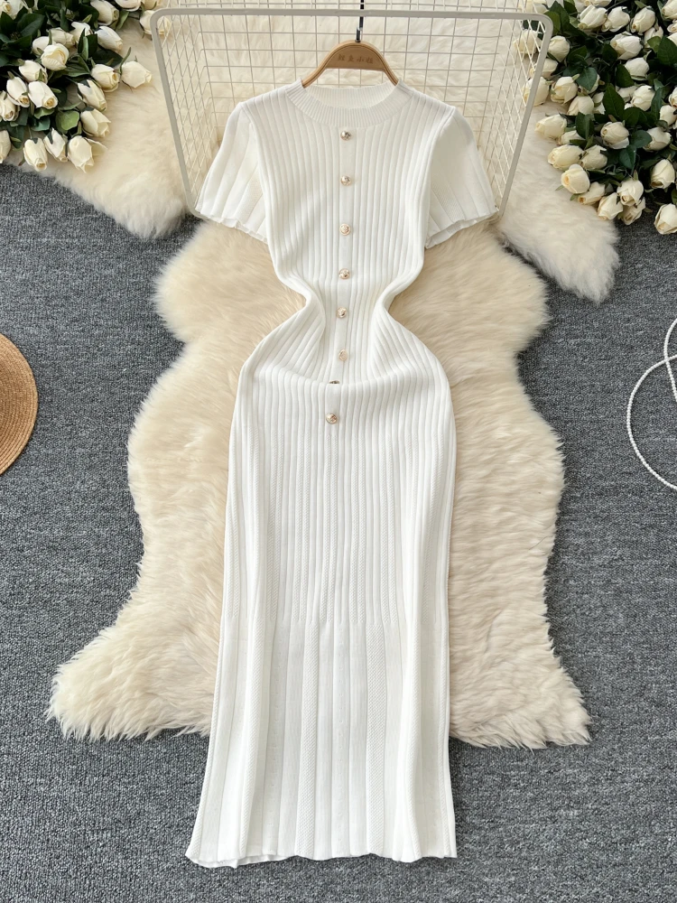 Robe moulante tricotée pour femmes, col rond, simple boutonnage, manches courtes, Slim, Style français, robes longues pour dames, printemps automne