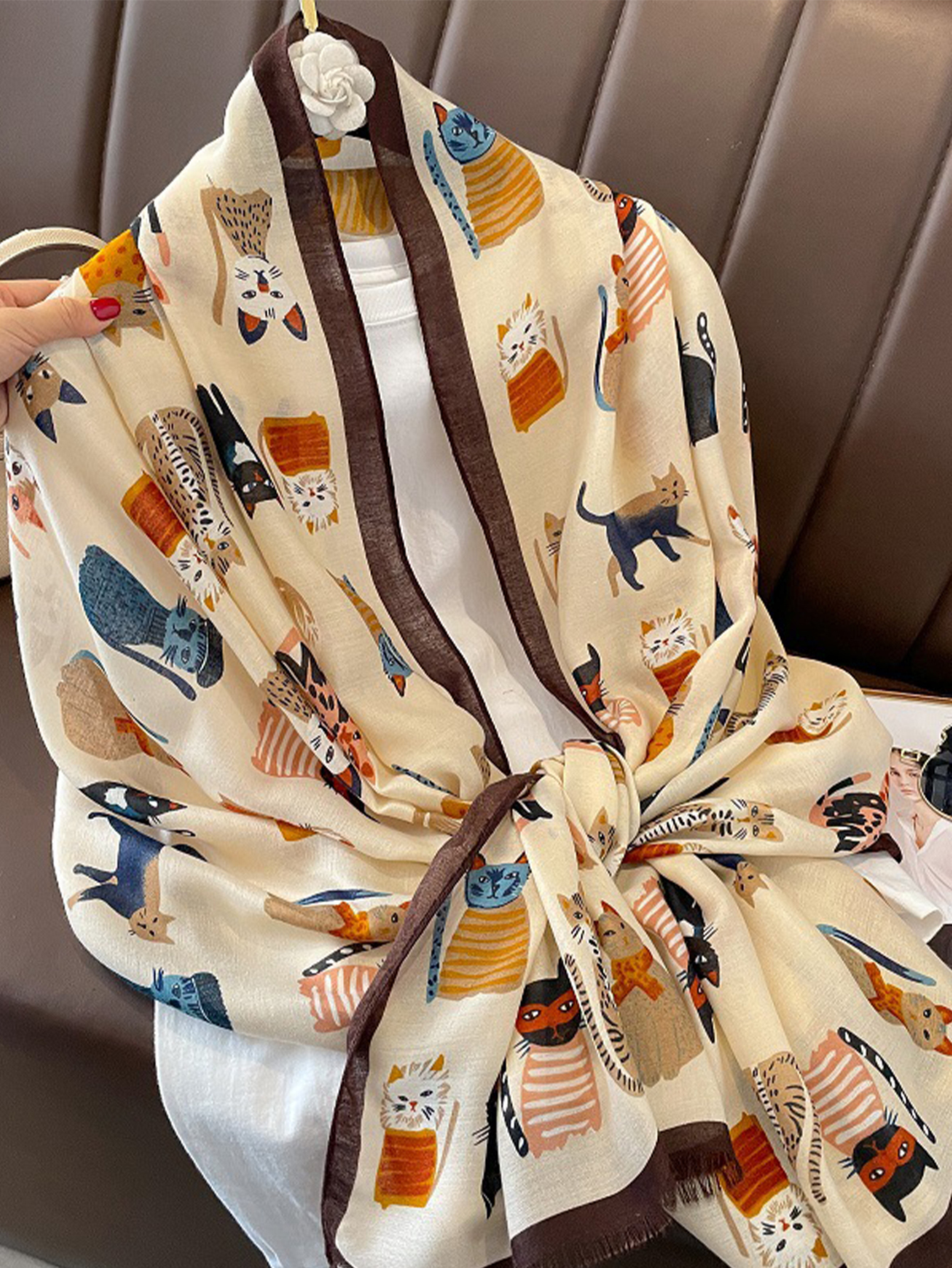 Écharpe imprimée d'animaux, motif de chat de dessin animé, Hijab en Viscose douce, châle Long pour femmes, enveloppe colorée, Tippet