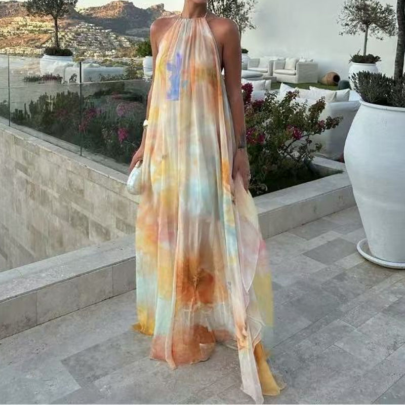 Robe bohème ample imprimée pour femmes, motif à la mode, Sexy, dos nu, ajourée, robe de soirée élégante, col licou, sans manches, longue robe de vacances