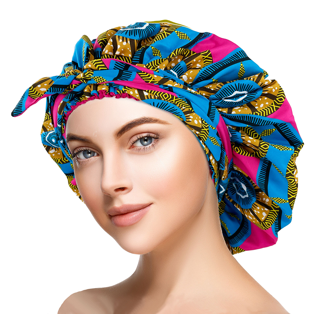 Bonnet en Satin imprimé africain de grande taille avec longue enveloppe de ruban Double couche couvre-chef motif Ankara femmes couverture de cheveux casquette d'enveloppement de cheveux