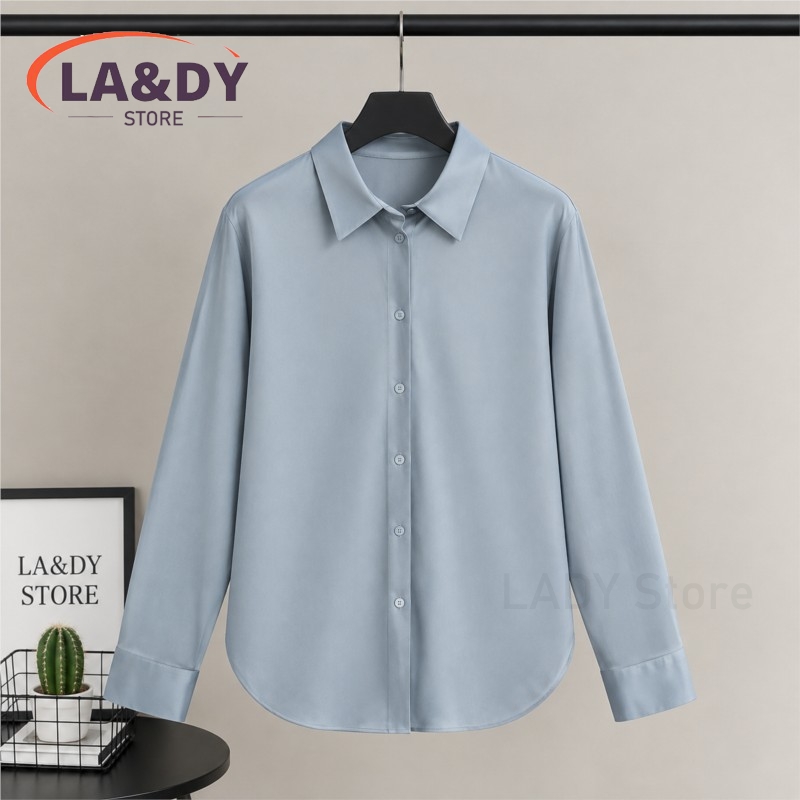 Chemise en satin pour femmes, col classique, boutonnée sur le devant, manches longues, coupe ample, idéale pour le bureau et les occasions décontractées.