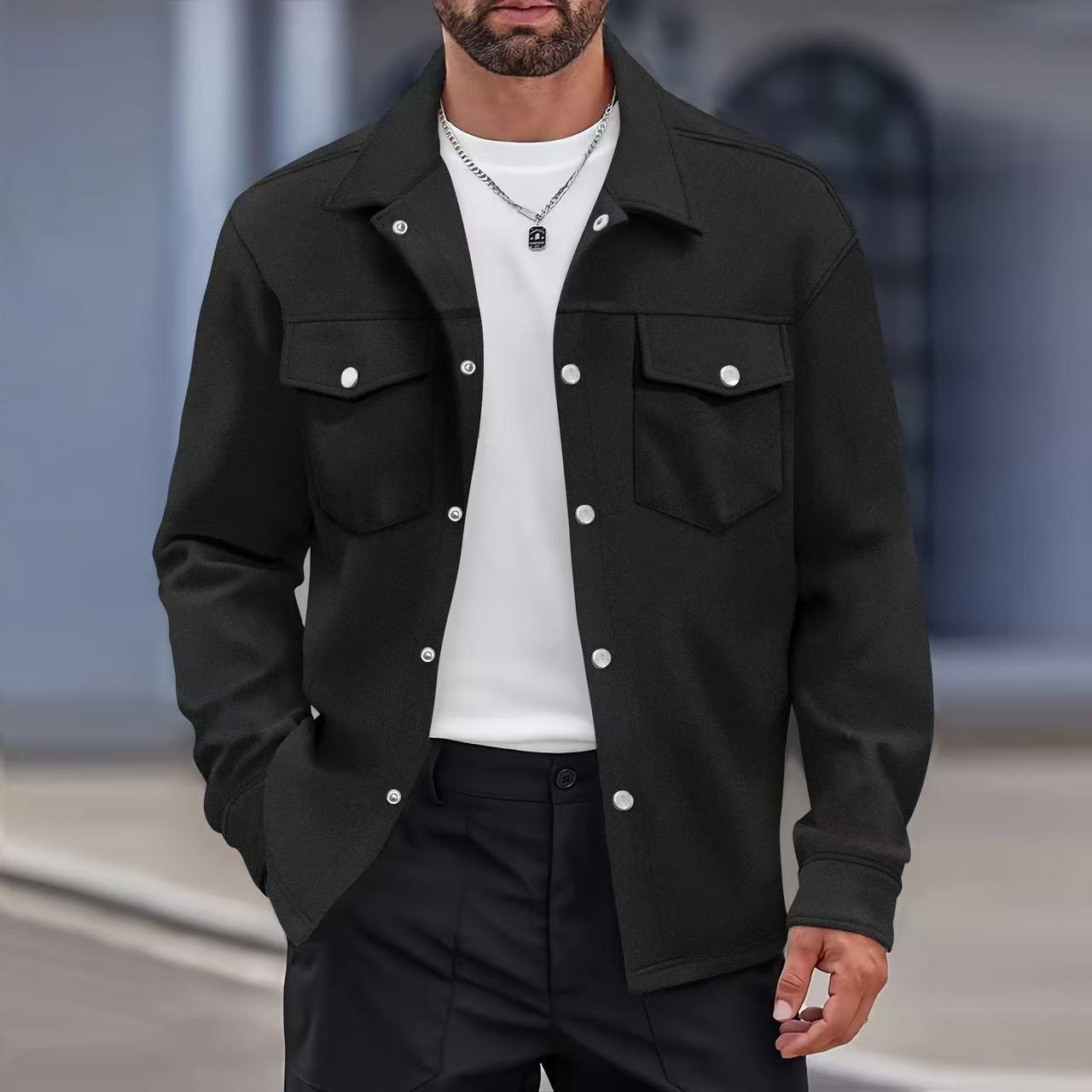 Veste chemise décontractée pour homme à col à revers, poches poitrine, manches longues, coupe ample, style streetwear