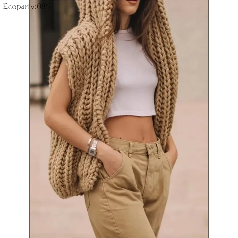 Femmes à capuche tricoté Cardigans chandails automne hiver couleur Pure lâche motif grossier pull gilet dames pull décontracté hauts
