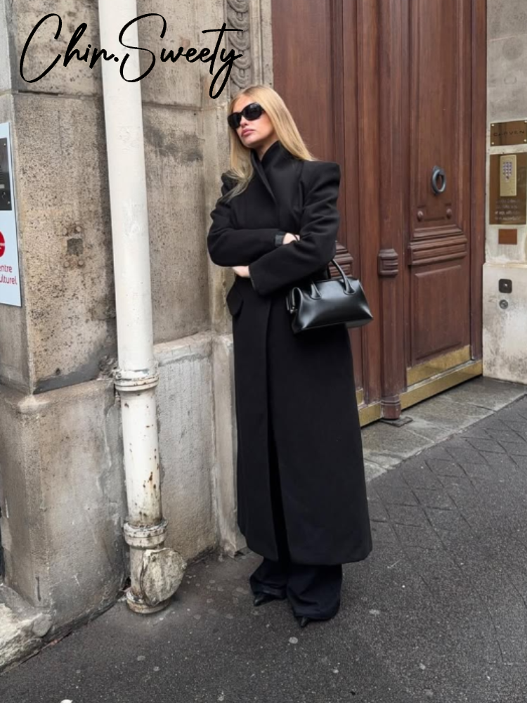 Manteau en laine élégant pour femmes, noir, simple bouton, col montant, Slim, longs manteaux, automne hiver 2021, Chic, Streetwear féminin, nouveau