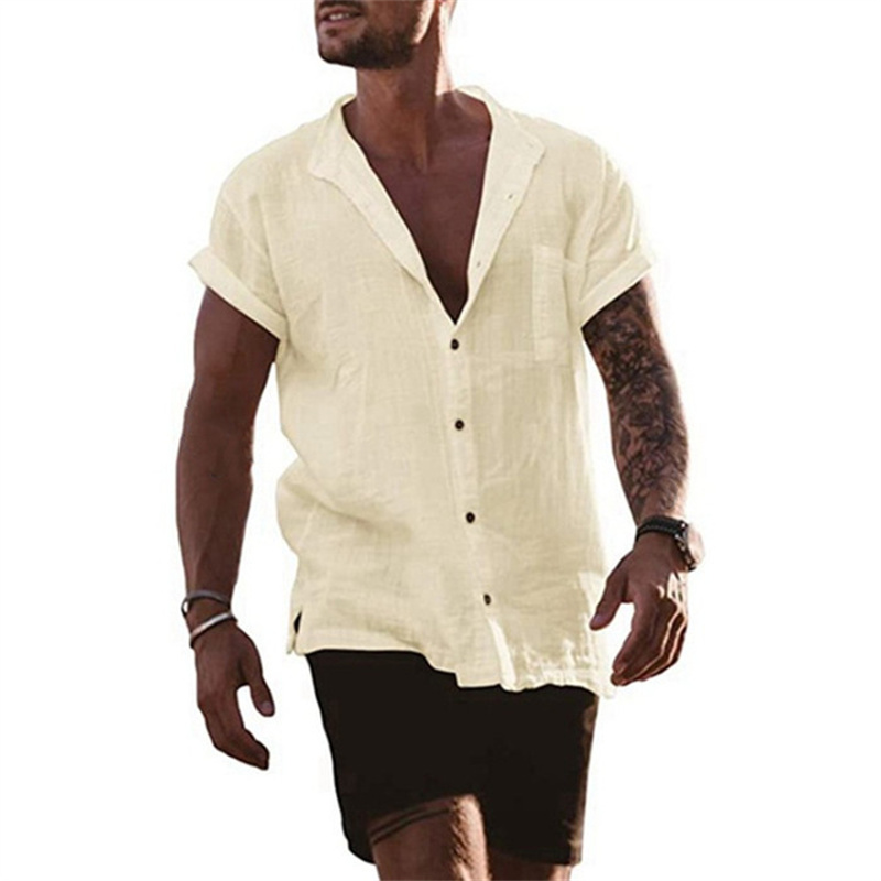 Chemises à manches courtes pour hommes, chemises en coton et lin, chemisiers d'affaires, haut social normal, chemise habillée formelle, vêtements pour hommes