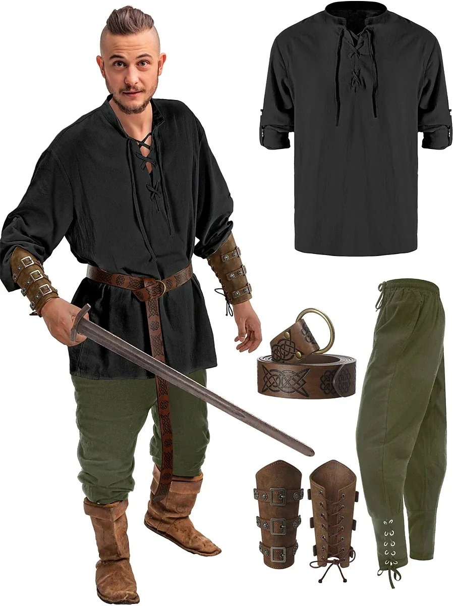 Pantalon rétro Vintage médiéval Renaissance, tenues, ceinture de taille, chemise, protège-bras, Costume de Cosplay Pirate pour hommes, Halloween