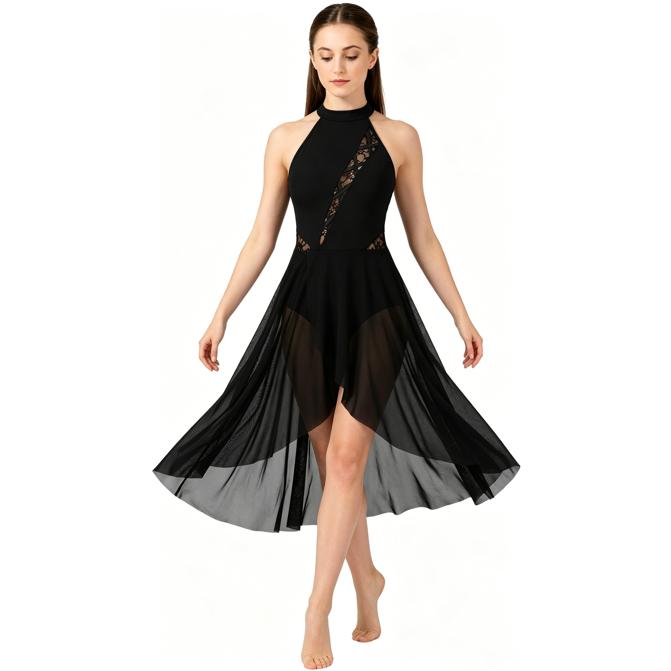 Costumes de danse lyrique pour femmes, robe de ballet, robe noire à col halter, jupe légère et fluide, design dos nu, costume de danse.