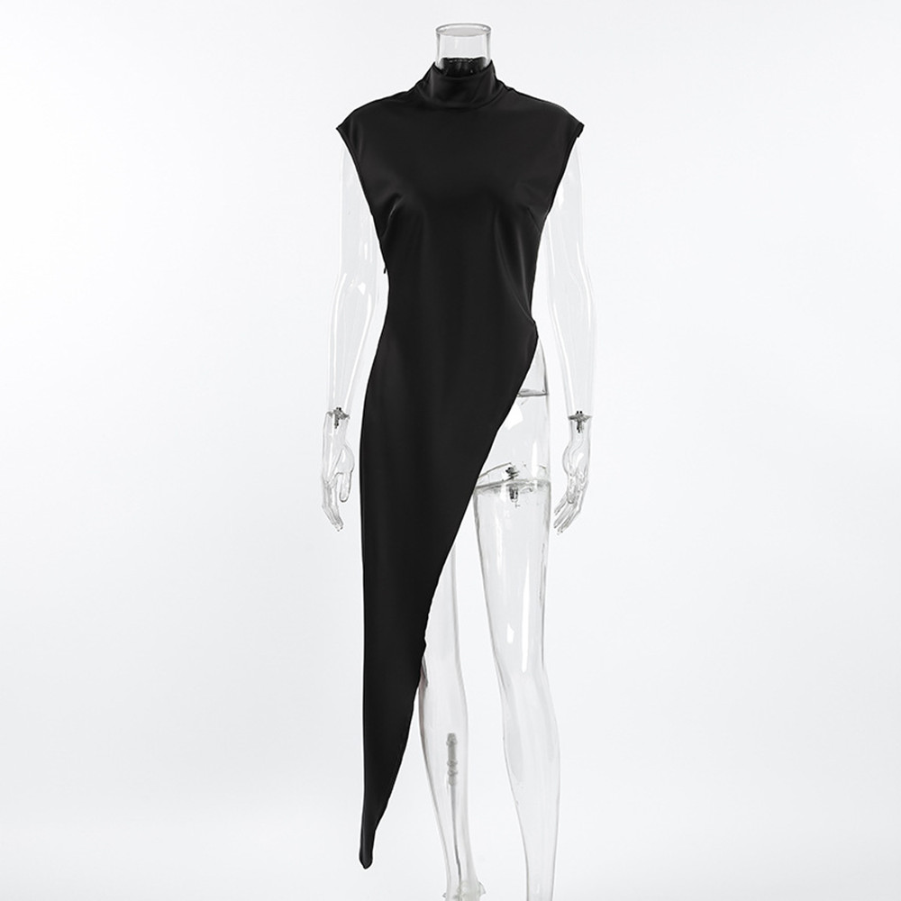 BKLD été Satin ample col roulé sans manches robe noire mode asymétrique tenue décontractée fête Clubwear vêtements pour les femmes