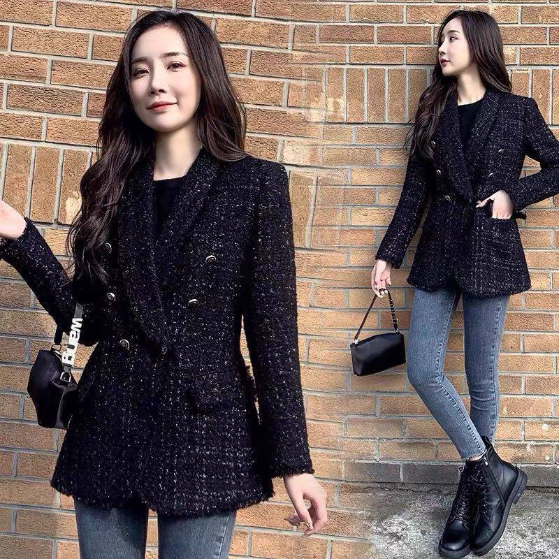 Blazer Croisé Noir en Tweed pour Femme, Manteau Vintage à Manches sulf, Poches à Rabat, Chic, à la Mode, Hiver