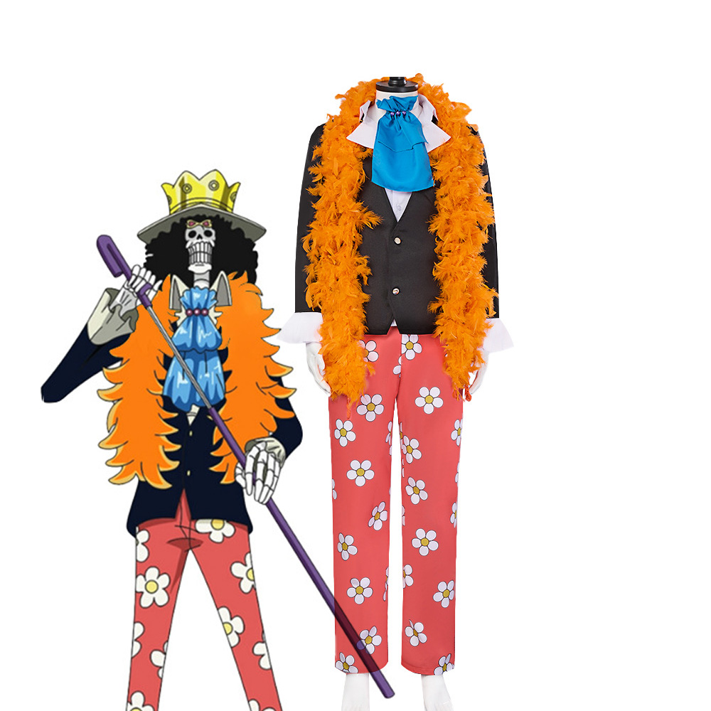 Costumes de Cosplay Anime Soul Emperor Brook, uniforme noir, costume écharpe Orange, pantalon, tenue de jeu de rôle, fête de carnaval d'halloween pour hommes