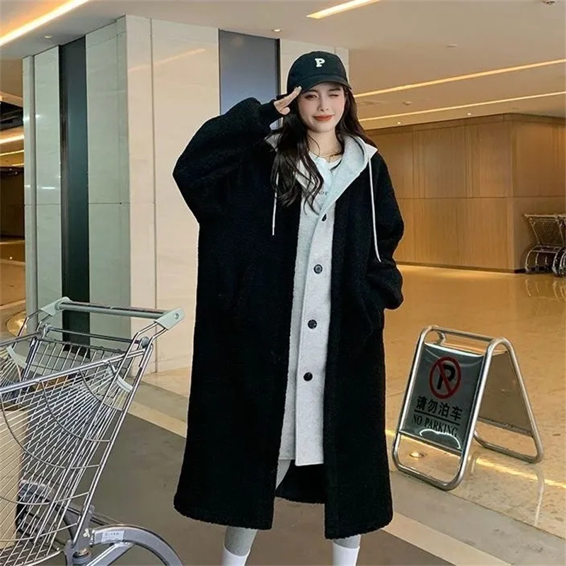 Manteau à capuche en laine d'agneau pour femmes, veste mi-longue, pardessus décontracté, mode coréenne, automne, hiver, nouveau