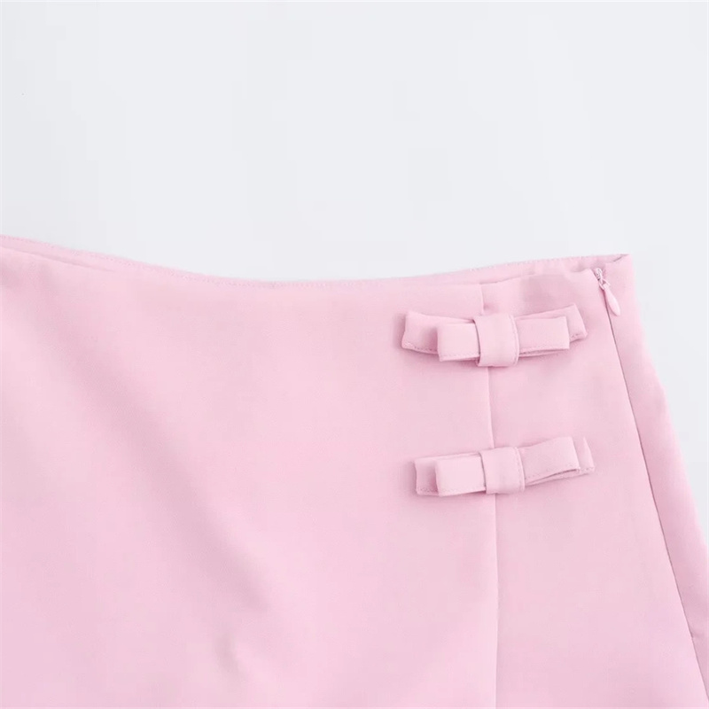 Jupe-short rose et blanche pour femme, mini-jupe tendance avec nœud, jupe courte fendue d'été, jupe-short taille haute pour femme
