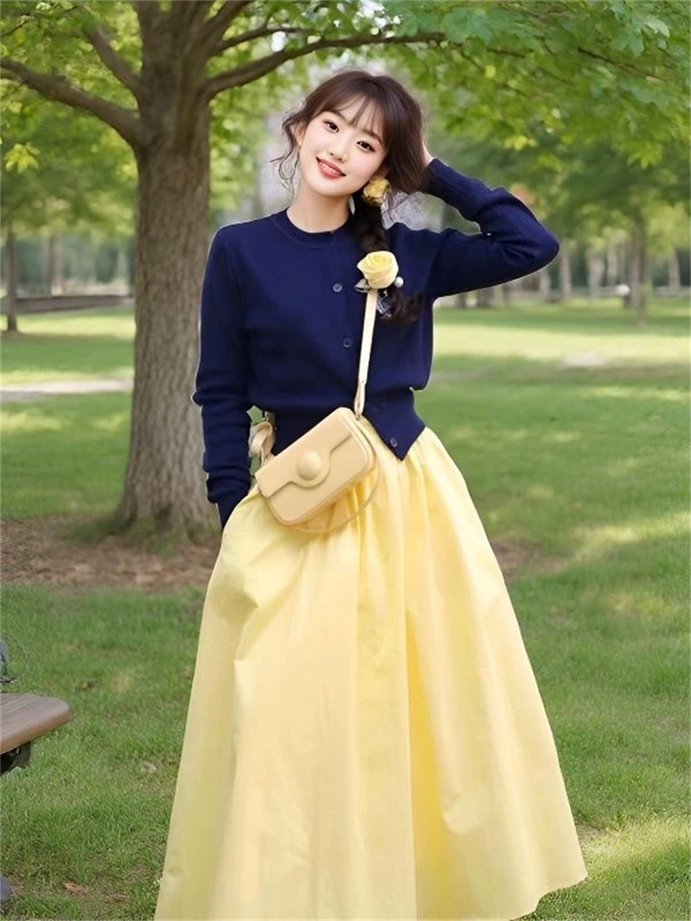 Jupe longue plissée élégante jaune pour femme, taille élastique, coupe ajustée, style décontracté printemps-été-automne