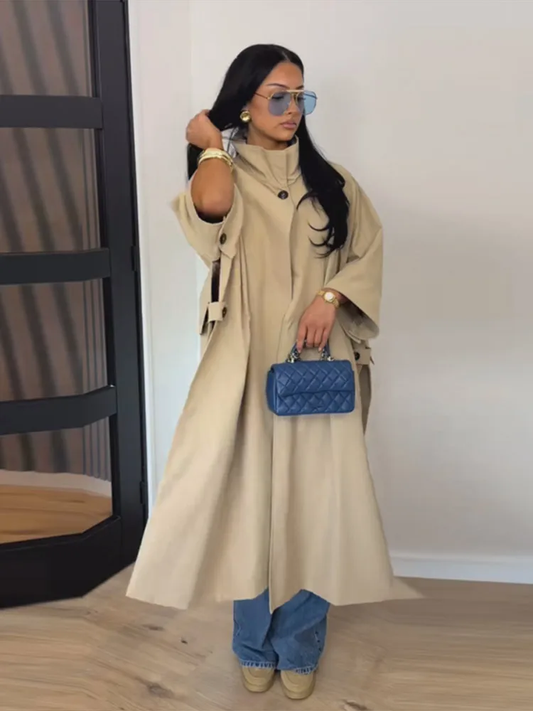 Manteau long trench-coat kaki à col montant pour femme, coupe ample, bouton unique, manches mi-longues, fente latérale, coupe-vent, 20260, vêtements d'extérieur automne pour femme