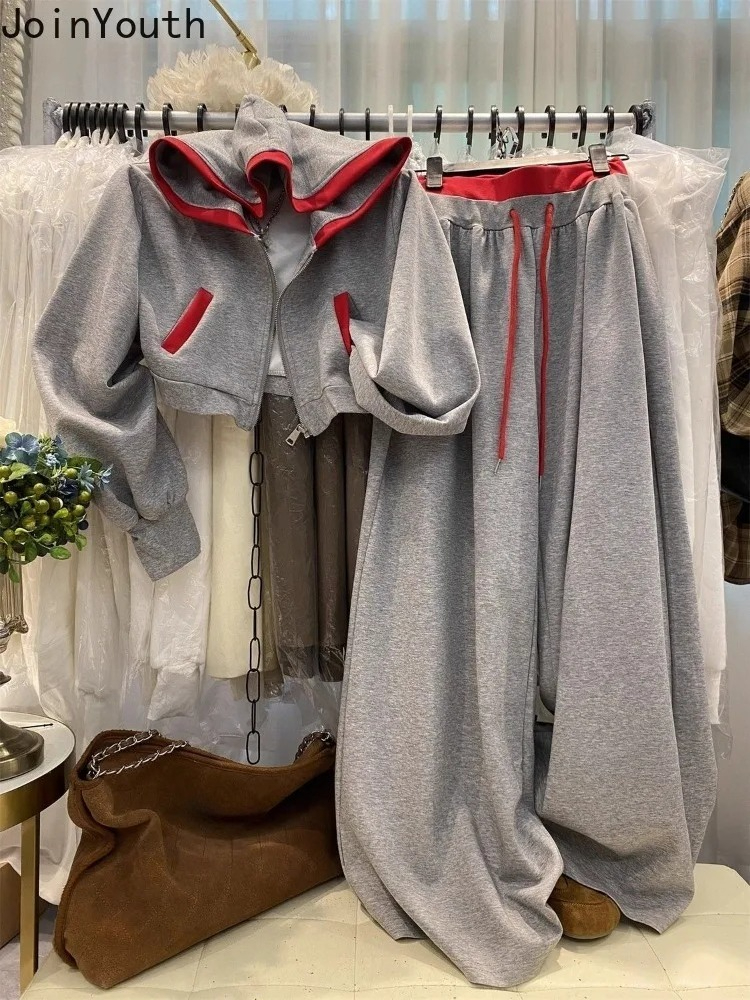 Ensemble pantalon et veste pour femme, 2 pièces, veste courte à capuche zippée, pantalon large à cordon de serrage, tenue décontractée tendance