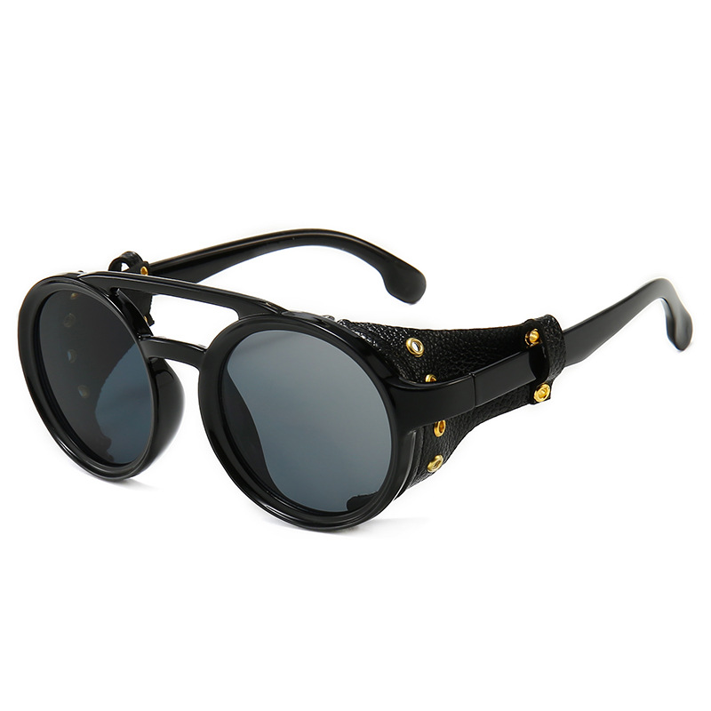 Lunettes de soleil steampunk pour voyages d'été, hommes et femmes, lunettes de soleil classiques avec monture ronde en cuir latérale, verres punk UV400