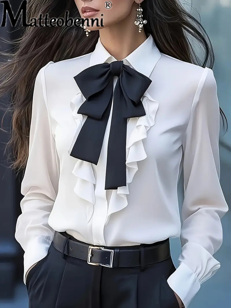 2025 femmes Blouse automne couleur unie à lacets nœud à volants conception chemises décontracté ample à manches longues chemise bureau dames Blusas Mujer