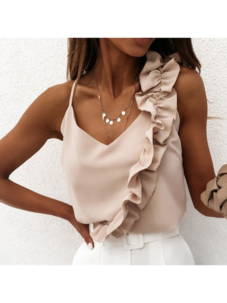 Chemisier à volants pour femmes, chemises sexy, col en V, dos nu, bretelles spaghetti, bureau dames, fibre, décontracté, été