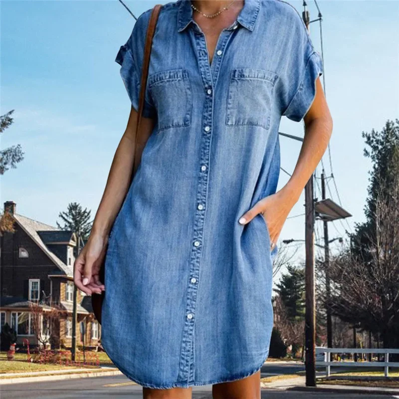Femmes Denim chemise robes à manches courtes en détresse Jean robe boutonnée décontracté mode tunique haut