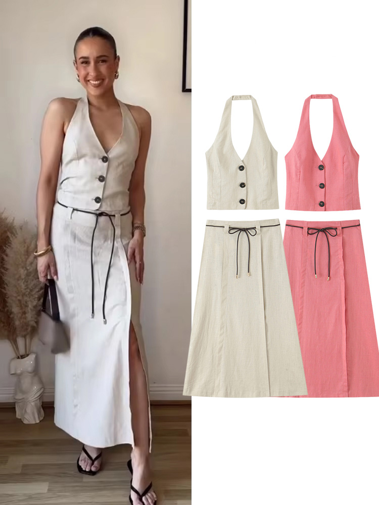 HH femmes jupe ensemble col en v simple boutonnage solide court gilet haut + mode taille haute fermeture éclair ourlet fendu ceinture conception jupe Midi