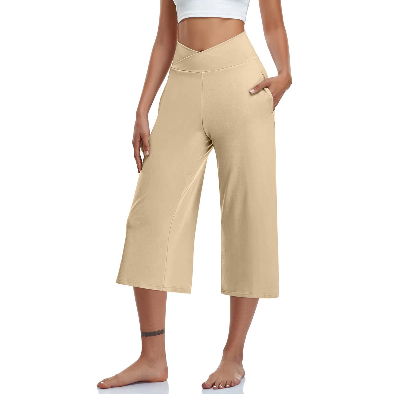 Pantalon de sport taille haute élastique pour femme, pantalon décontracté, pantalon long, capris coupe couvertes, jogging de yoga, document solide, été, 3/4