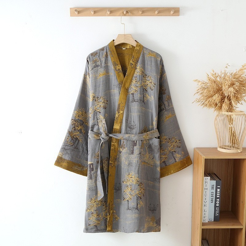 Chemise de nuit Yukata en gaze double couche de coton tissé coloré style national pour homme, idéale printemps-été, confortable F6670