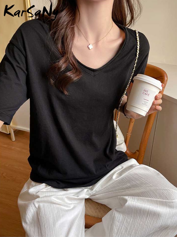T-shirts amples en coton pour femmes, hauts d'été surdimensionnés, basique, col en V, manches courtes, blanc, noir, coton et lin, bureau pour dames