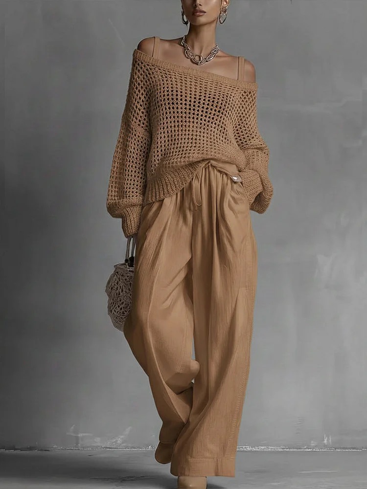 Ensemble 2 pièces mode femme : Haut en maille crochetée à bretelles spaghetti et épaules dénudées, pantalon large à taille coulissante – Tenue décontractée d'été