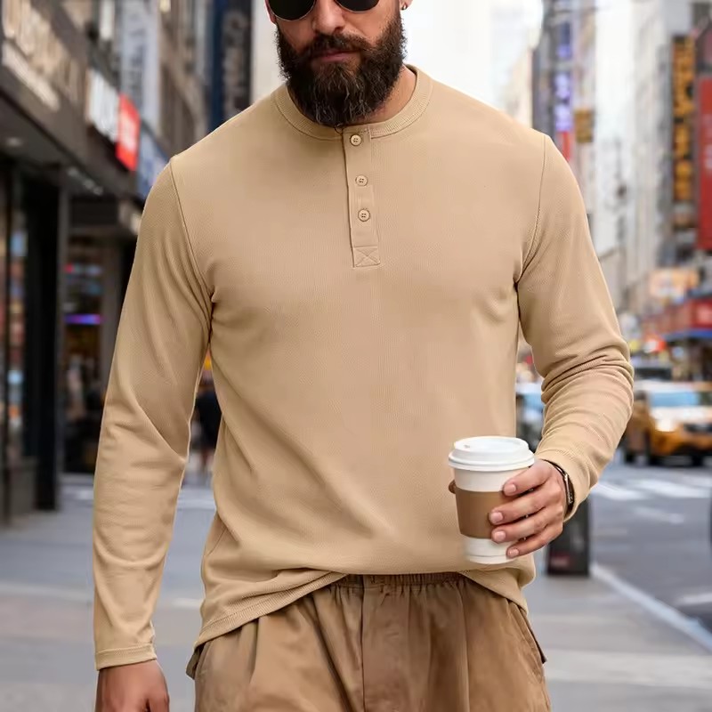 T-shirt Henley à manches longues pour homme, collection Printemps-Automne 2026, couleur unie, décontracté, pour le quotidien
