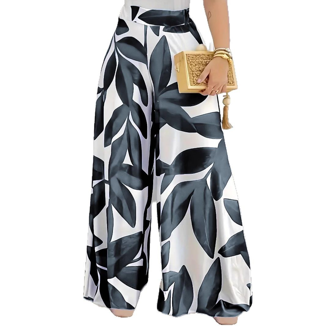 Pantalon Boho pour femmes, mode élégante, ample, jambes larges, imprimé feuilles blanches et bleues, confortable, décontracté, Long, vêtements pour femmes