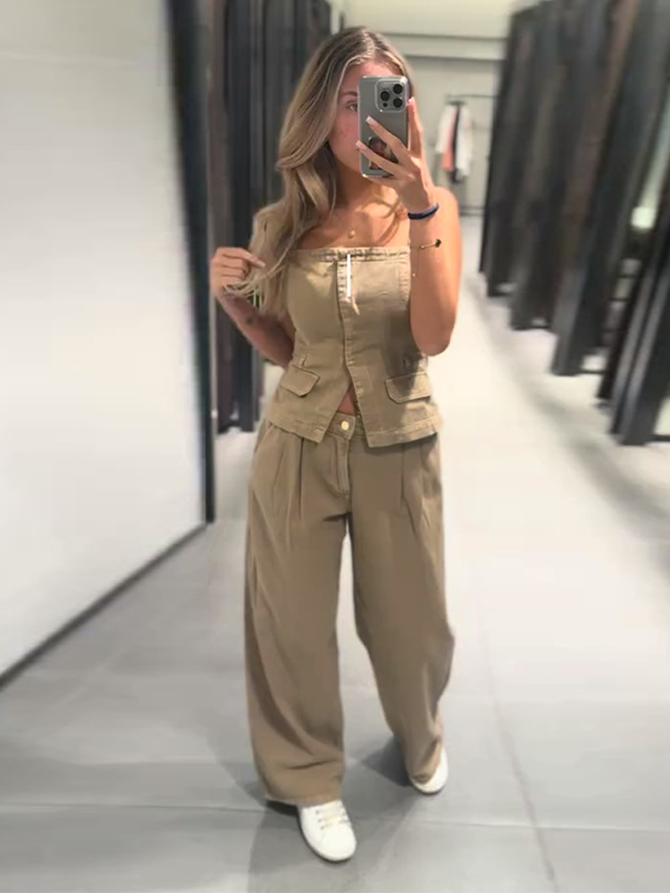 Ensemble Gilet en jean à col montant et pantalon large, haut sans manches à taille élastique, pantalon plissé, mode printemps 2026, chic et audacieux, pour femme