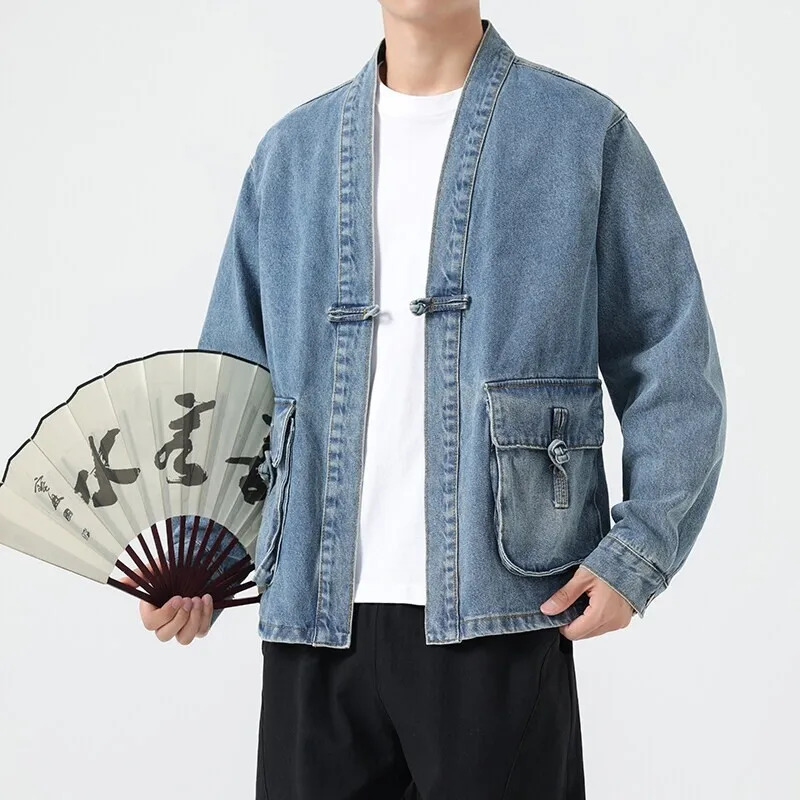 Mode hommes veste en jean coton Kimono japonais poche Cardigan manteau Vintage vestes traditionnelles hommes Hip Hop vêtements d'extérieur amples