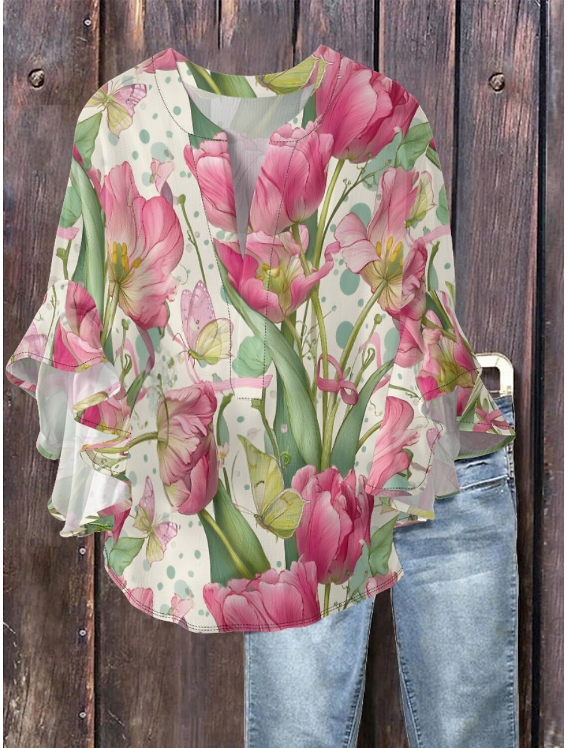 Chemisier fleuri pour femme, col en V, manches à volants, haut élégant à motif graphique, coupe décontractée, imprimé 3D, collection été 2026, vêtements pour femme