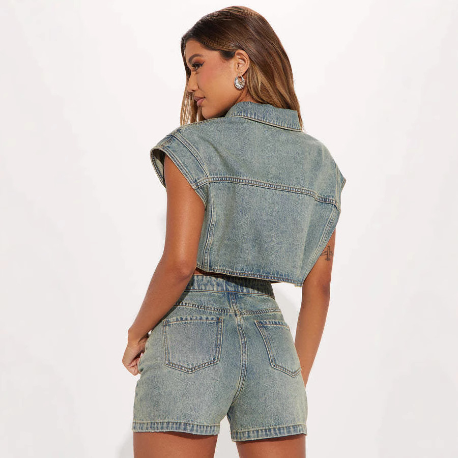 Ensembles Shorts femmes Denim 2 pièces costume haut jean Ensemble été 2025 simple boutonnage col rabattu pantalons courts tenues Vintage