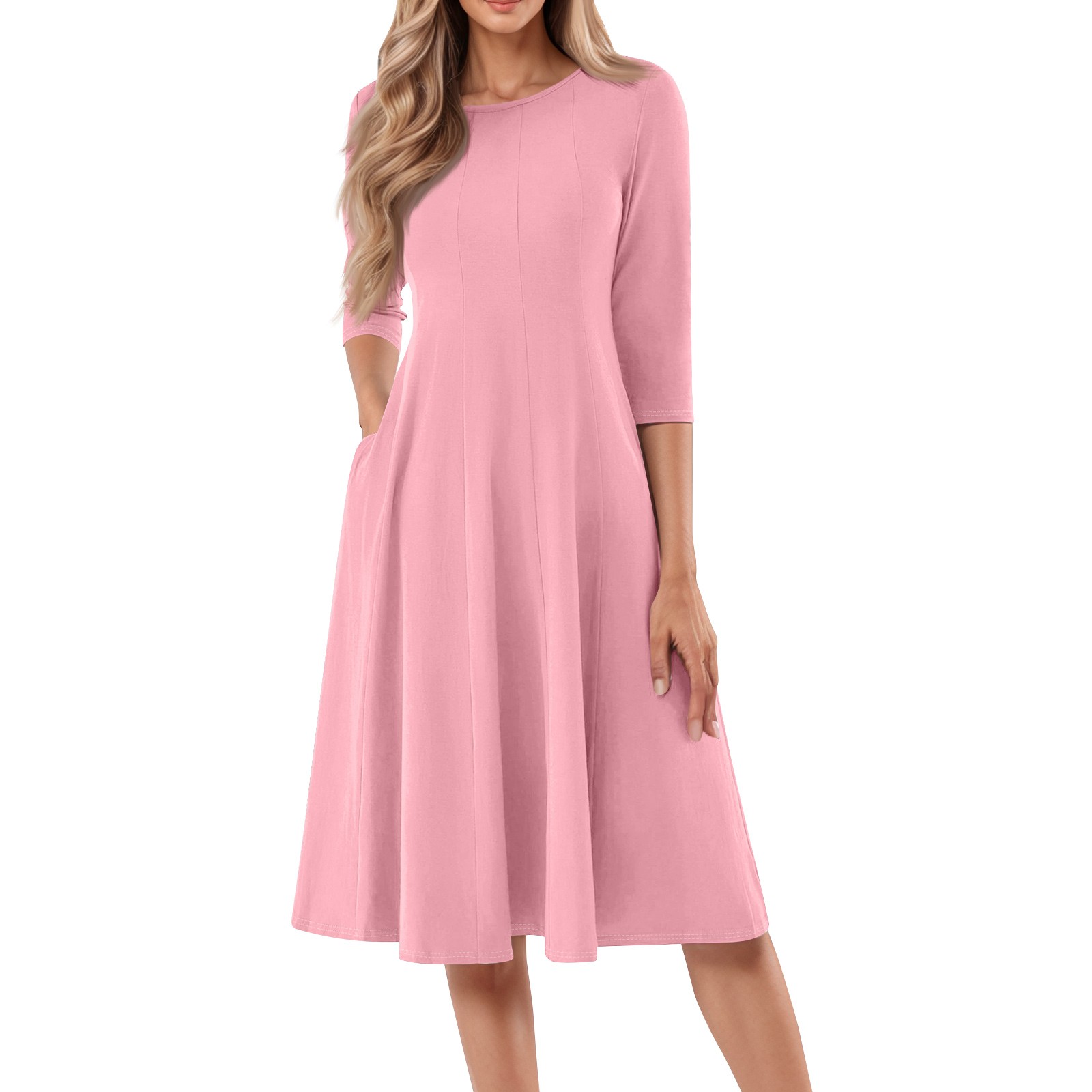 Manches longues t-shirt robes pour femmes poches décontracté ample balançoire Robe femme décontracté couleur unie col rond manches longues Robe Robe
