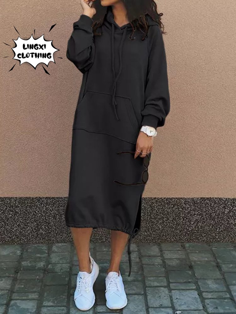 Robe pull à capuche pour femme, grande taille, élégante, avec poches fendues, chaude, longue, mode automne et hiver 2023