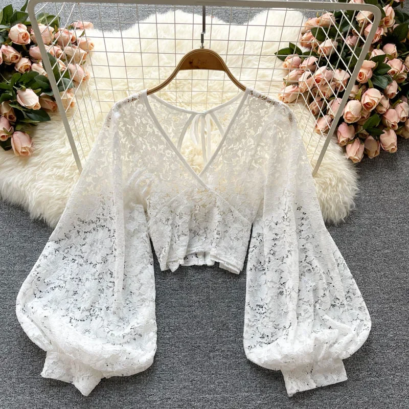 Frenchic-Chemisier en dentelle au crochet pour femme, col en Y transparent, manches lanterne, dos nu, à lacets, chemisier élégant pour femme, livraison directe, sexy